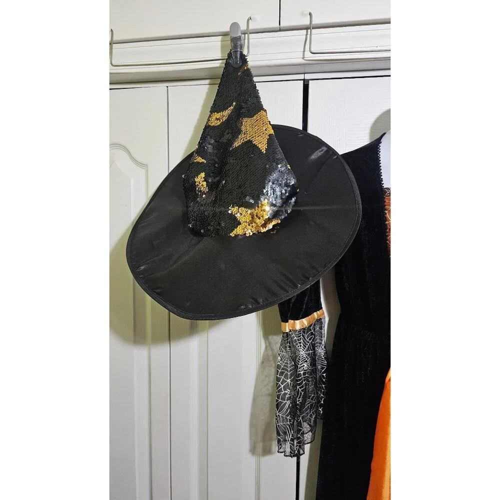 Witch Costume Girls 10-12 Orange Black Satin Velvet Dress Hat Pretty Halloween